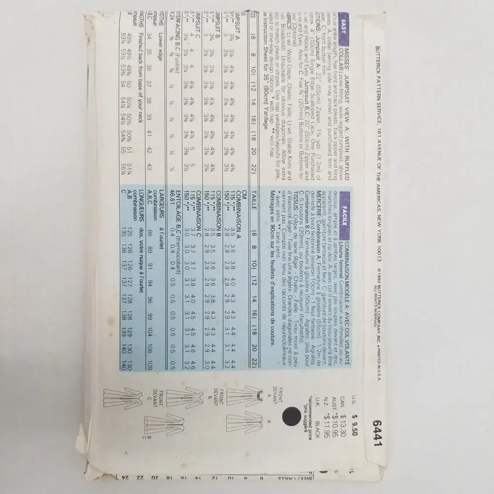 Vintage Pattern Sewing Crafts Hobby Butterick 6441 Sizes 18/20/22 1990s Dress